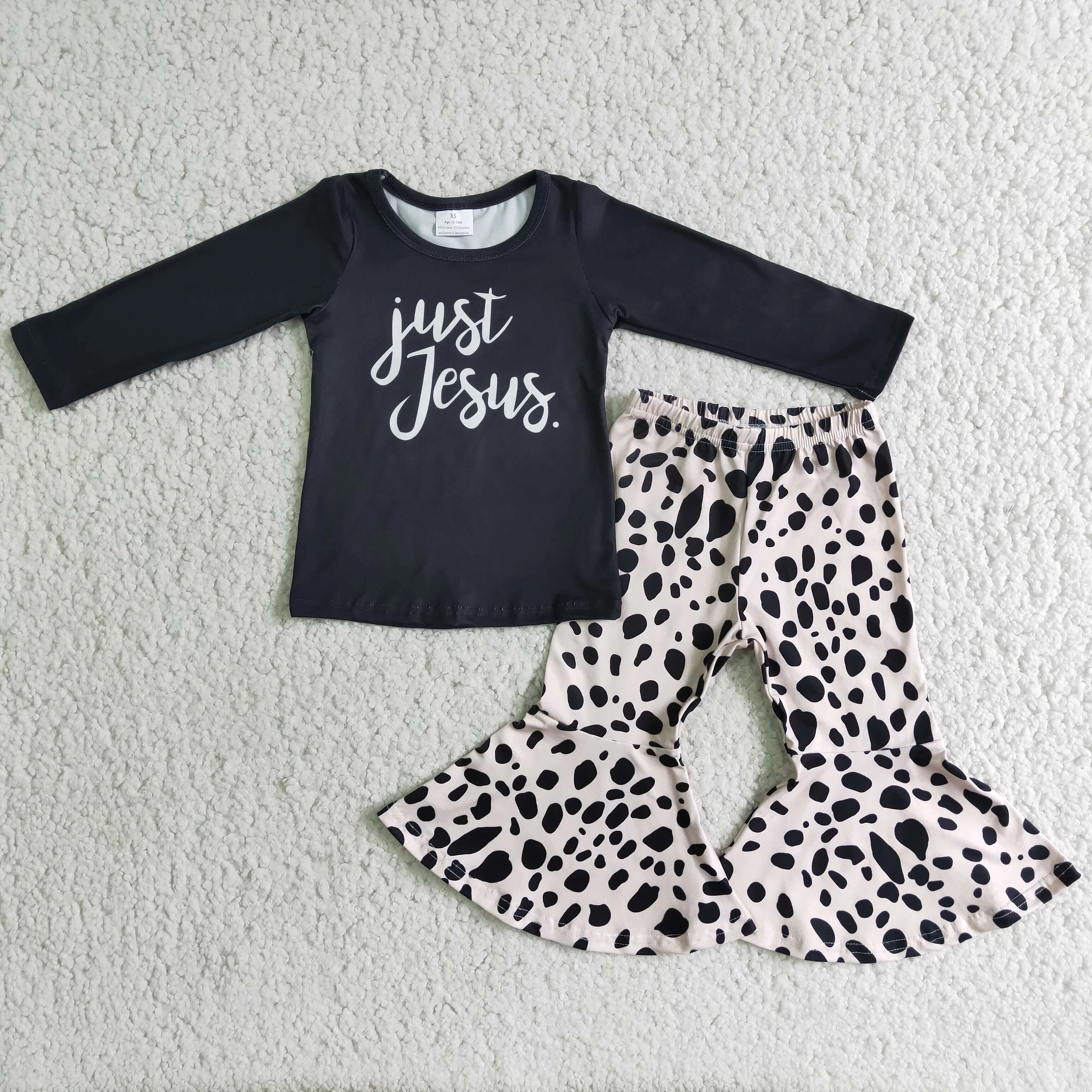 Ropa de Primavera de nuevo diseño para niña, pantalones con volantes, ropa con patrón de manchas para niños, camiseta negra con letras Just Jesus, trajes de Pascua niños|set de ropa| -
