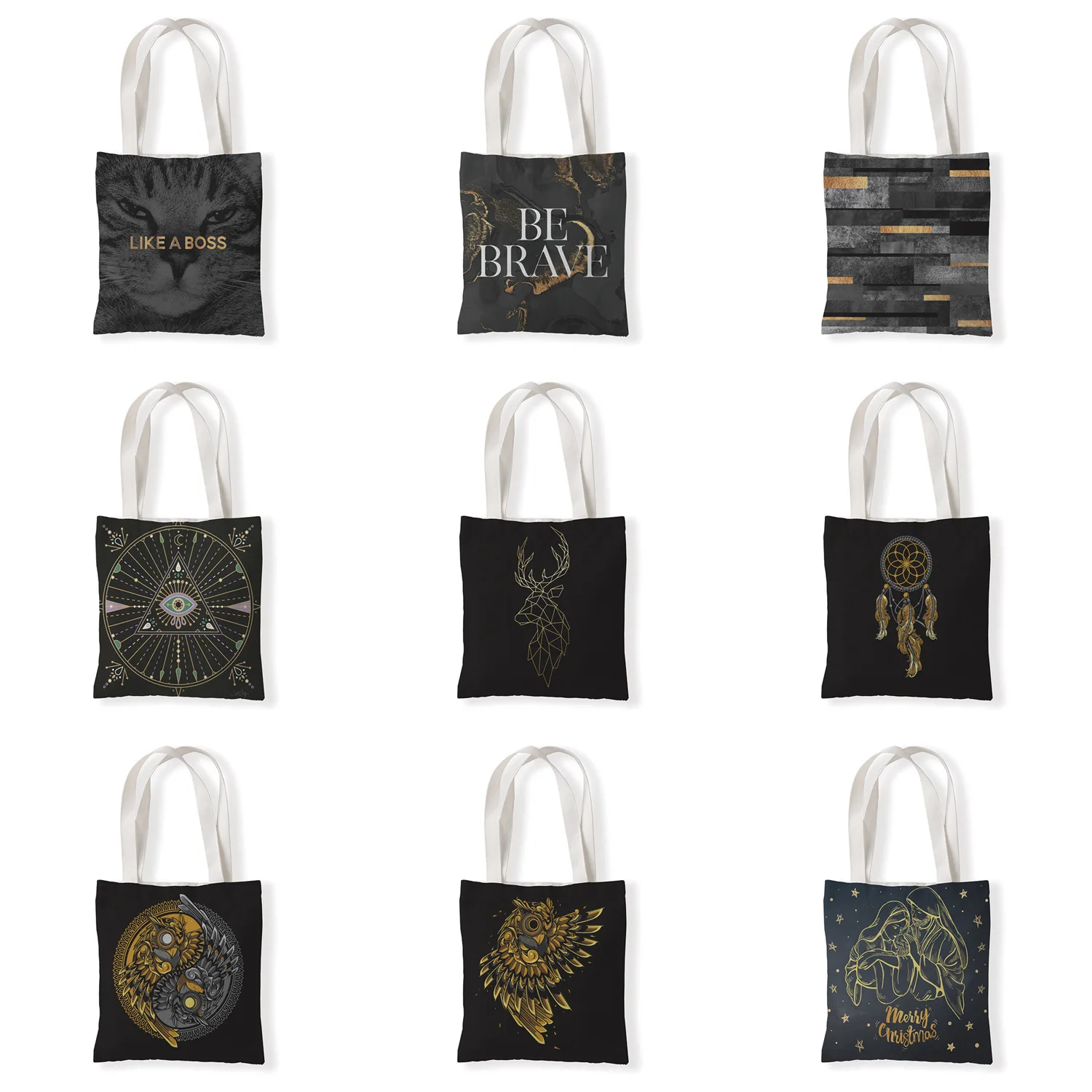 

Mandala Canvas Bag for Women Black Shoulder Bag Female Dream catcher Flowers Large Capacity Shopping Bag Handbags
