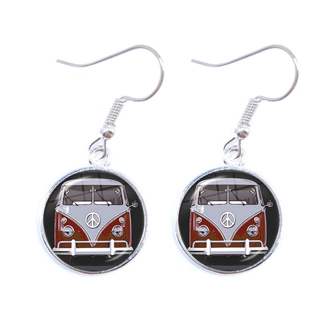 Blue-Red-Yellow Hippie Peace Van Bus Photo Drop Earrings Retro Beach Bus Car Collectors Bus Peace Sign Jewelry For Women