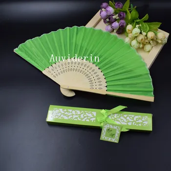 

[Auviderin] DHL Free Shipping 100pcs Green Personalized Name & Date Silk Wedding Hand Fan in Gift Box with"Thank You" Tag