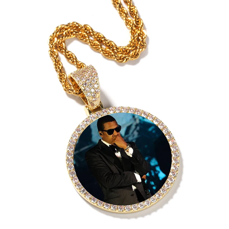 

Custom Circle Photo Medallions Necklace & Pendant With Rope Chain Gold Sliver Color Cubic Zircon Men's Hip hop Jewelry Gift BFF
