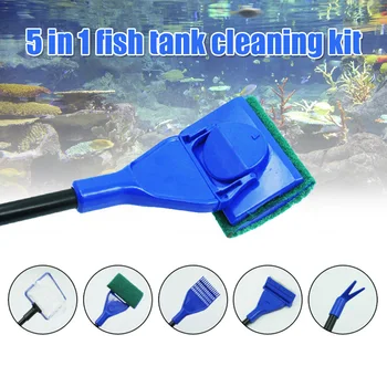 

5 In 1 Aquarium Tank Complete Clean Fish Net Gravel Rake Algae Scraper Fork Sponge Brush Glass Cleaner Tool Kit BJStore