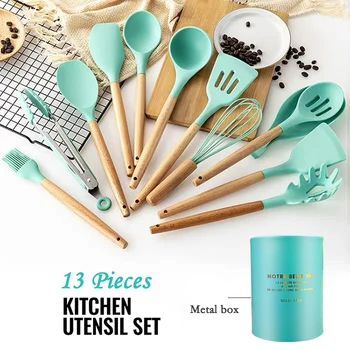 

ATUCOHO Store 12/13 Pieces Silicone Cookware Wooden Handle Set Of kitchenware With Stainless Steel Storage Box Cooking Tools