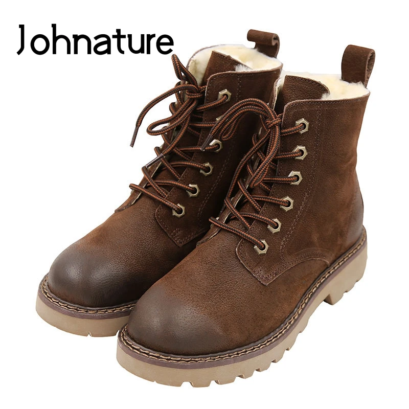 

Johnature Genuine Leather Wool Platform Boots 2019 New Winter Retro Women Shoes Sewing Lace-up Round Toe Handmade Ankle Boots