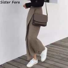 

Sister Fara Chic Autumn Asymmetrical Knit Skirt Women High Waist Solid Ankle-Length Skirt Winter Split Casual Long Skirts Ladies