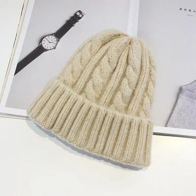 beige Женские шапки Skullies, зимние теплые трикотажные шапки для дам, дикая плотная вязаная Шапочка, шапка, новая мода, шерстяной берет, шапочка - Цвет: beige