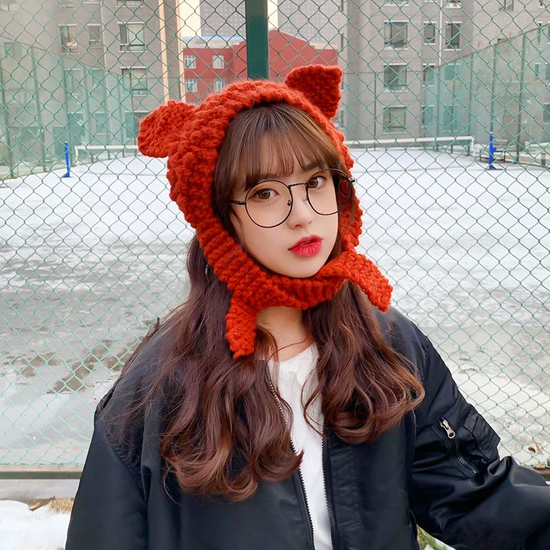 

Winter Ladies Riding Cute Ear Caps Student Warm Hood Cat Ears Knitted Woolen Cap Ladies
