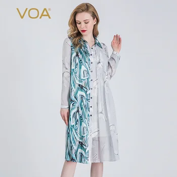 

VOA 12MM Printed Georgette Silk Small Lapel Long Sleeve Single-Row Button Elegant Fresh Straight Shirt Dress Women B9651