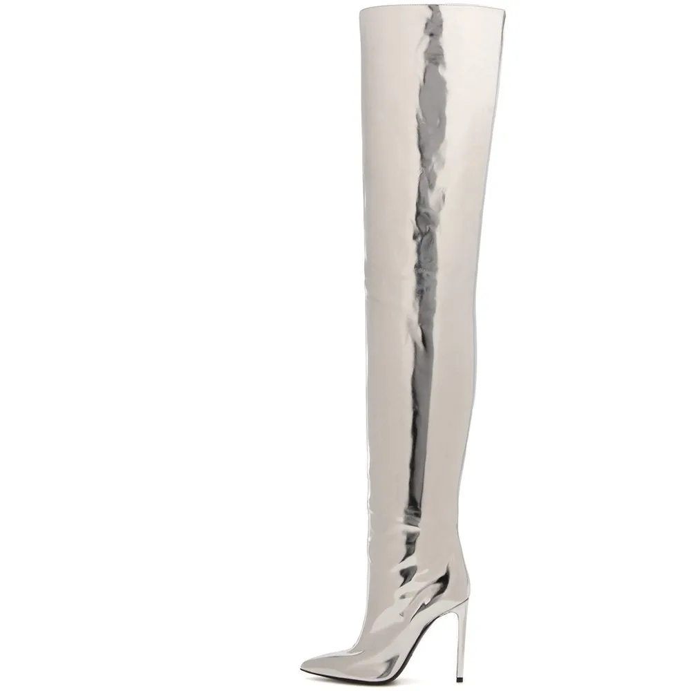 Silver Drestrive Customize Patent Leather Women Over Knee High Boots Thin Heels Pointed Toe Female High Heel Shoes Slip On Fashion - Цвет: Silver