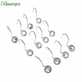 

12PCS Hooks Glide Rings Curtain Hooks Fashion Rhinestones Shower Bathroom Shower Curtain Hook Metal For Poles