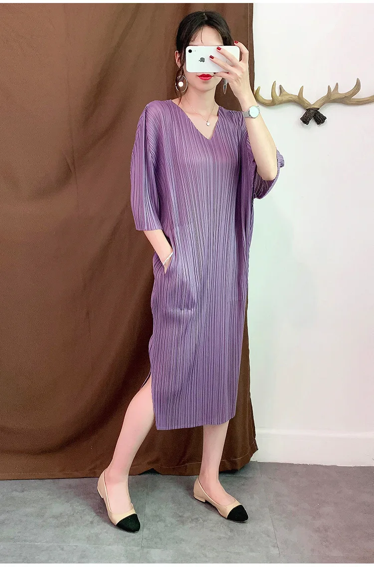 DEAT new summer and autumn fashion women pleated Japan styles vintage clothes batwing sleeves V-neck dress WH35201