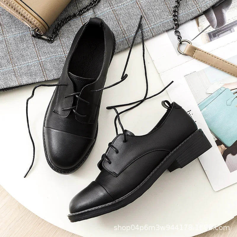 

Spring And Autumn British Style WOMEN'S Shoes Flat Retro College Style CHIC Shoes round-Toe Lace Black INS Small Leather Shoes