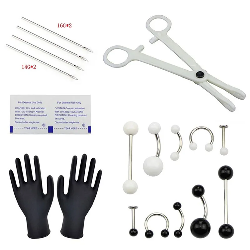 19pcs/Set Tongue Ring Nose Eyebrow Lips Septum Forceps Piercing Needles Body Jewelry Body Piercing Jewellery Kits Set
