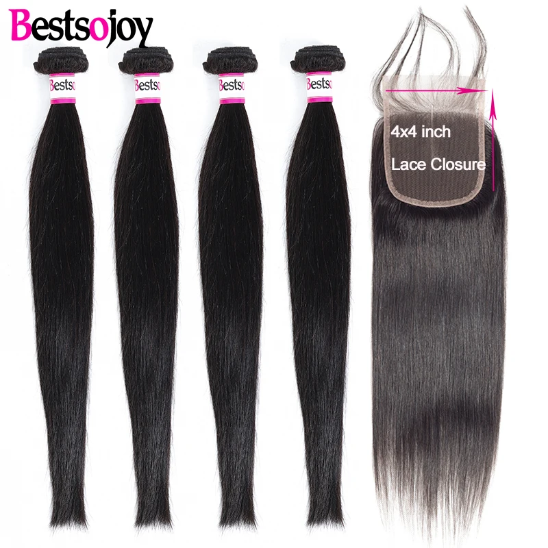 

Bestsojoy Human Hair Bundles With Closure 4 Bundles With Lace Closure Remy Hair Extension Brazilian Straight Hair Bundle Deals