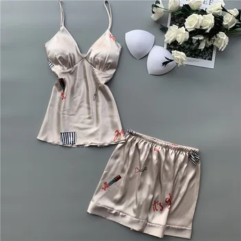 

Imitation Pure Silk Pajama Lady Printing Halter Belt Knickers Two Suits Sweet Casual Girl Homewear Lounge Negligee Pajamas Пижам