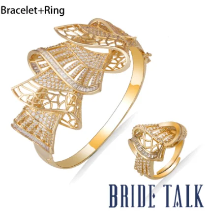 gold color Бренд Bridetalk, витая линия, кубический цирконий, микро проложили, для женщин, ювелирный браслет и набор колец, подходит для свадебной вечеринки - Окраска металла: gold color