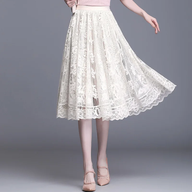 Women's Elastic High Waist Thin Lace Skirt, Hollow Mesh Skirt, Women Skirts, Summer, New, 2023