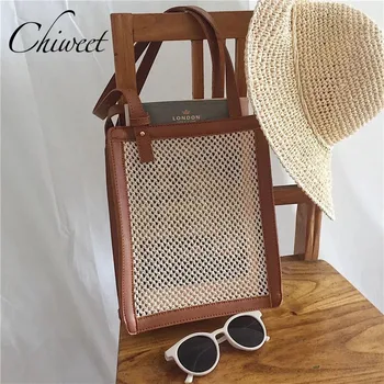 

2019 Designer PU Leather Patchwork Straw Bag Brand Woven Mesh Women Shoulder Bag Luxury Handbags Panelled Large Ladies Hand Bags