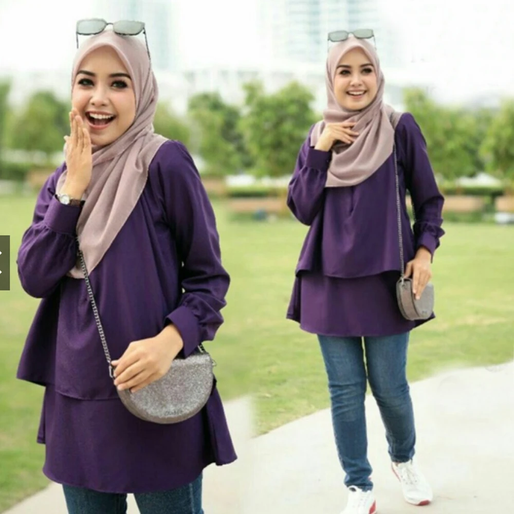 Muslim fashion Women Tops White O neck Long Sleeve Solid pudding Blouses Green Fashion Casual Middle Eastern Malaysia Clothing |