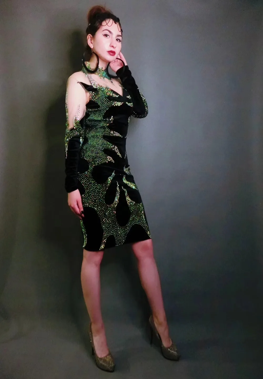 Fashion Crystals Mesh Dress Women Prom Birthday Celebration Outfit Rhinestones Dress Singer Host Nightclub Stage Costume