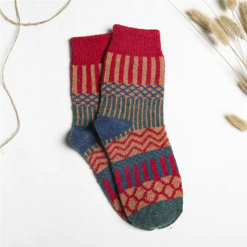 5 Pair Women Girl Socks Soft Wool Warm Winter Thick Geometry Printing Comfortabe B0KD
