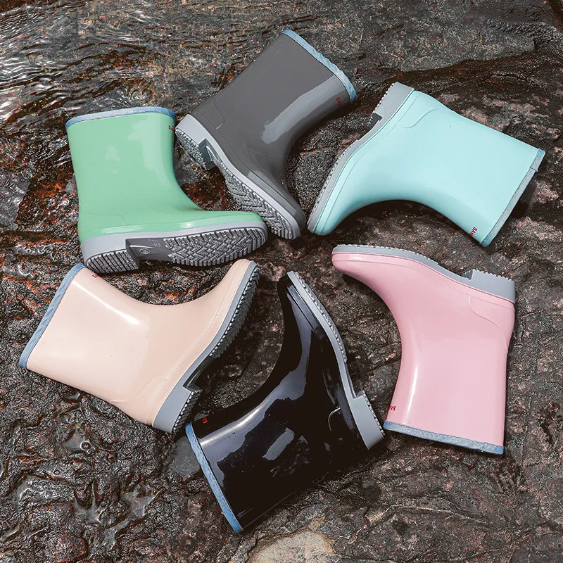 Rouroliu 2021 Mid-Calf Women Rain Boots Female Outdoor Waterproof Water Shoes Candy Color Slip-on