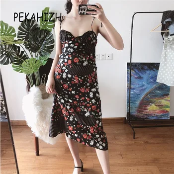 

boho Vintage dot floral maxi dress women vestidos chiffon party beach dress Korean cami black sexy dress 2019 Summer new