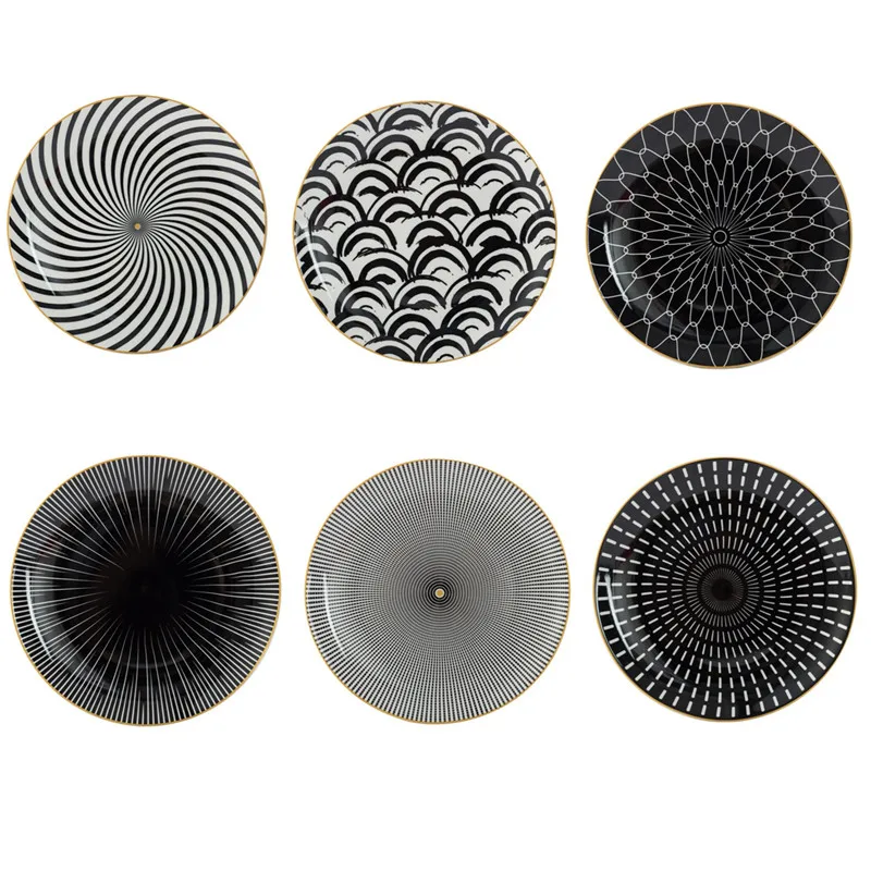 Round Plate With Gold Inlay Dish Serving Plates Dessert Tableware Geometric Pattern Dinner Service Western Kitchen Steak Tray