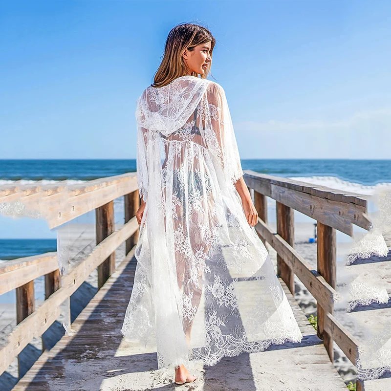 

Women Summer Hooded Cover Up Elegant Fashion Cardigan Long Lace Mesh Hollow Out Simple Loose Embroidered Bikini Smock Swimwear