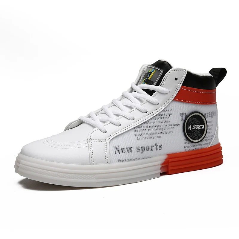

High Top Leather + Canvas Casual Sneakers Men Breathable Non-slip Sport Shoes Male Street Fashion Alphabet Flats Vulcanized Shoe