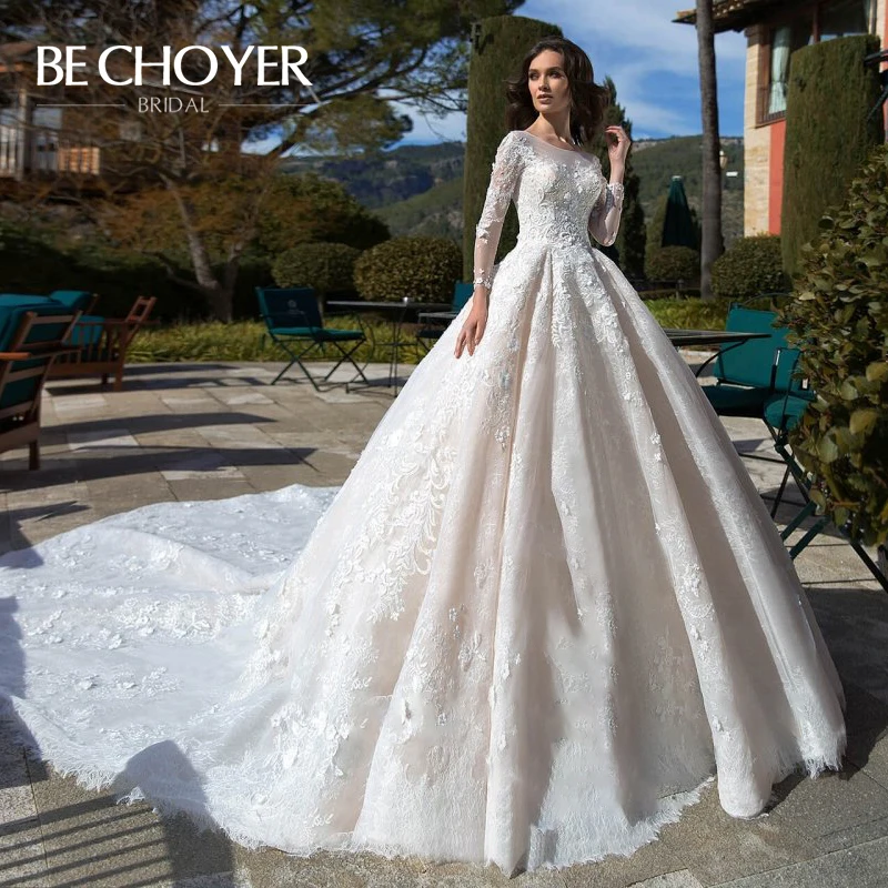 Вышитое бисером свадебное платье beckhoyer N218 с длинным рукавом 3D Цветы бальное платье Часовня Поезд платье для невесты принцессы Vestido de Noiva