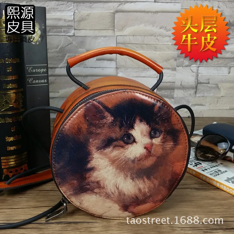 

New Style Origional Hand-rub Color Adorable Cat Small round Bag Genuine Leather Mini Cool Shoulder Bag Full-grain Leather Bag