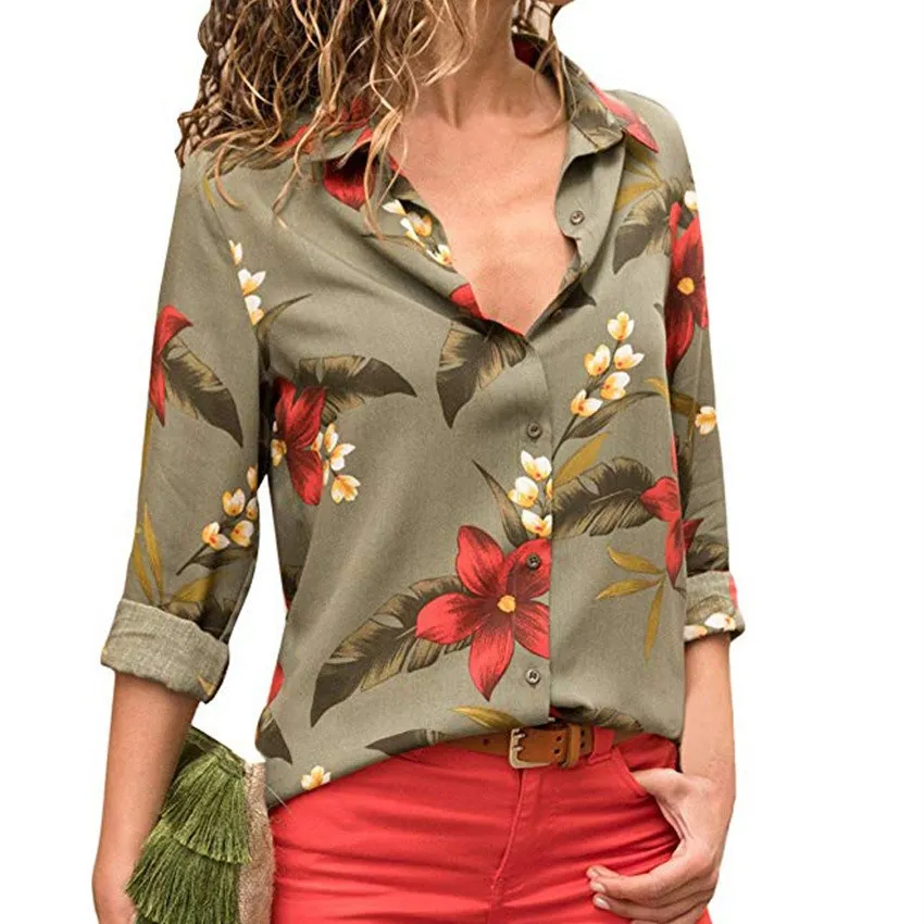 

Nice Tide Autumn Women Floral Print Button Front Shirts Turn-Down Collar Casual Sky Blue Long Sleeve Blouses Tops