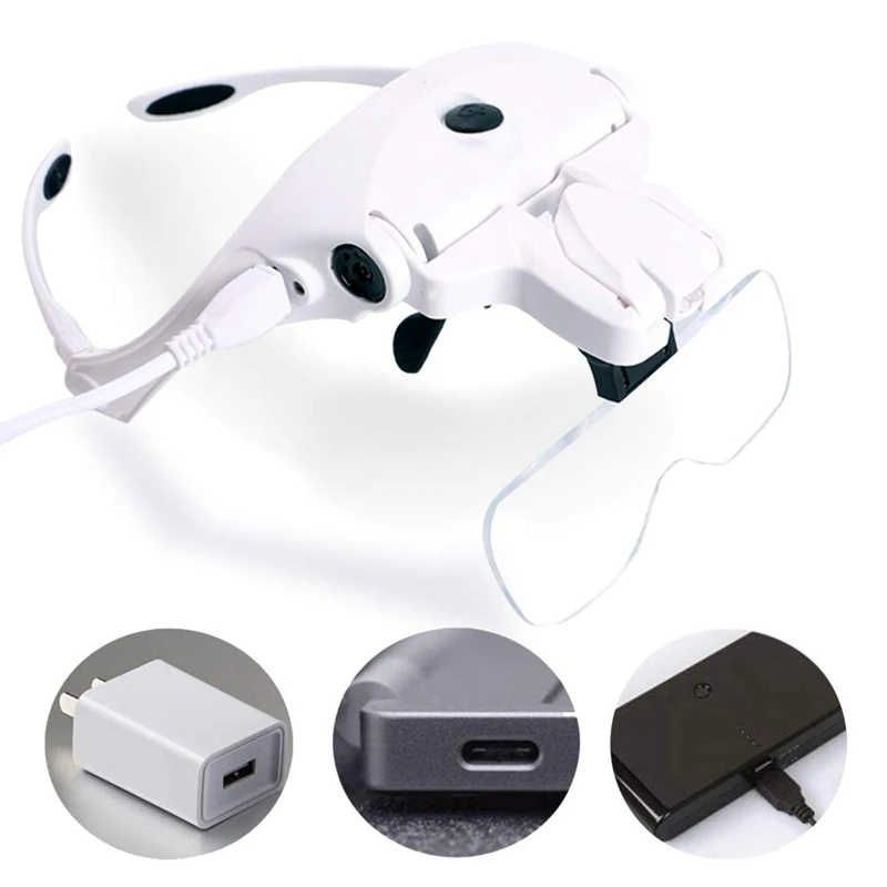 Hands Free головная повязка увеличительное стекло, зарядка через Usb головная лупа со светодиодным светильник ювелирные изделия ремесленные часы хобби 5 линз 1,0X1,5X2