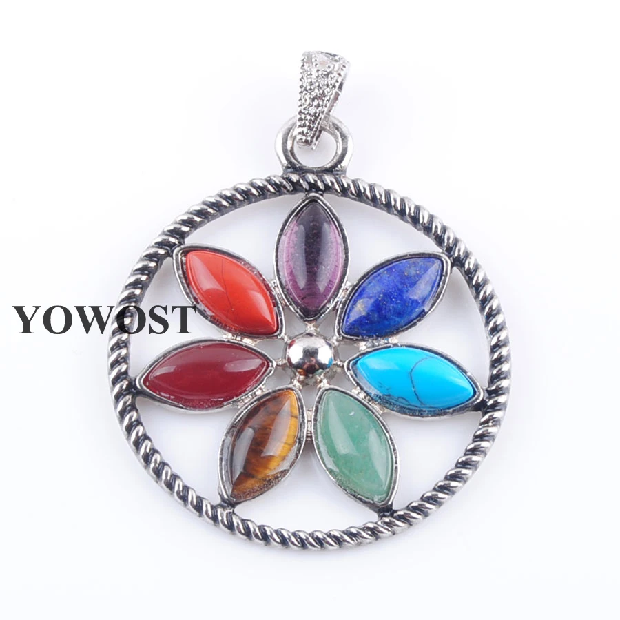 Round Flower IN3267 YOWOST 7 Чакр Рейки чакра кулон с натуральным драгоценным камнем бусины целебная медитирующая фигура луна кулон Ювелирное Украшение IBN324 - Окраска металла: Round Flower IN3267