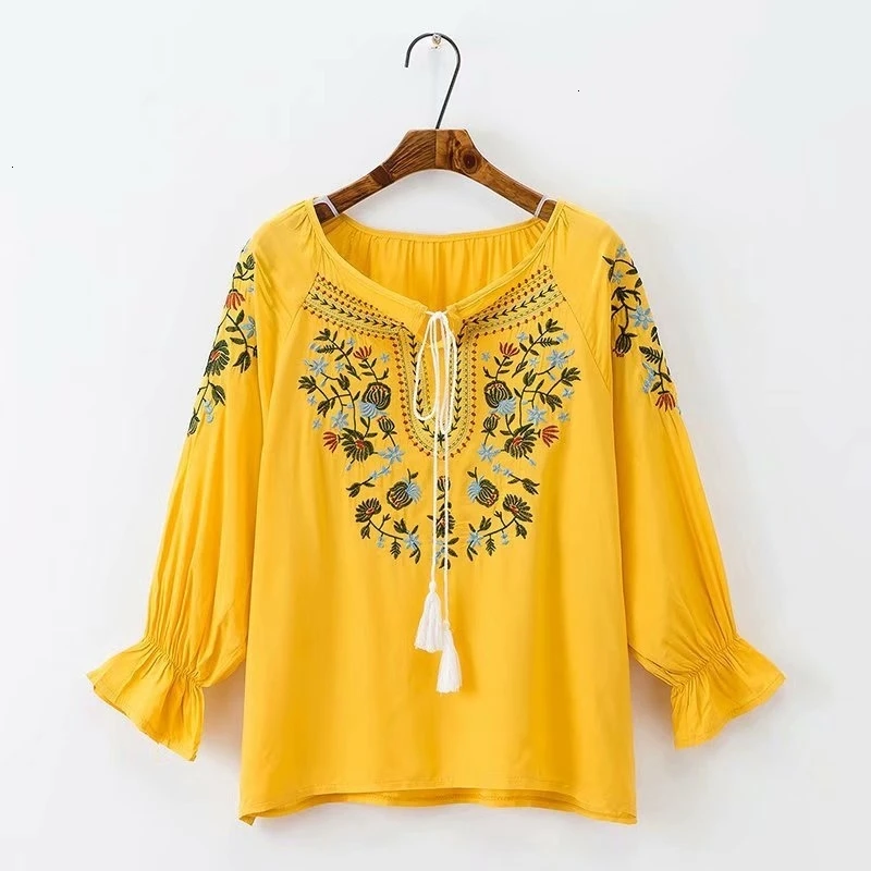 

Plus Size Vrouwen Lange Mouwen Bloemen Borduren Blouse Vintage OL Losse Trui Boog Shirts