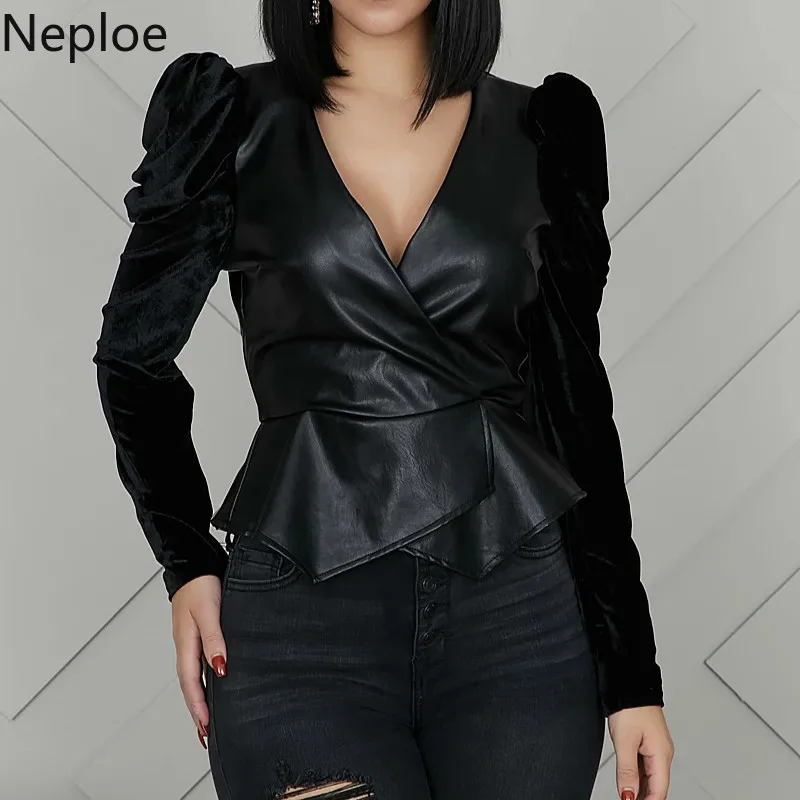 Neploe V образным вырезом Пуловер Puff с длинным рукавом кожаная куртка Сексуальная черная тонкая талия неправильный дизайн Casaco Feminino осень молния сзади
