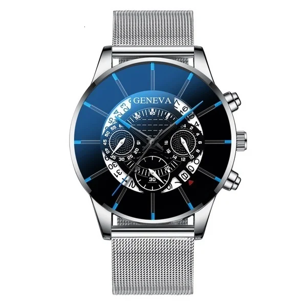 Silver Black GENEVA роскошные часы мужские модные бизнес календарь нержавеющая сталь кварцевые наручные часы Мужские часы relogio masculino - Цвет: Silver Black