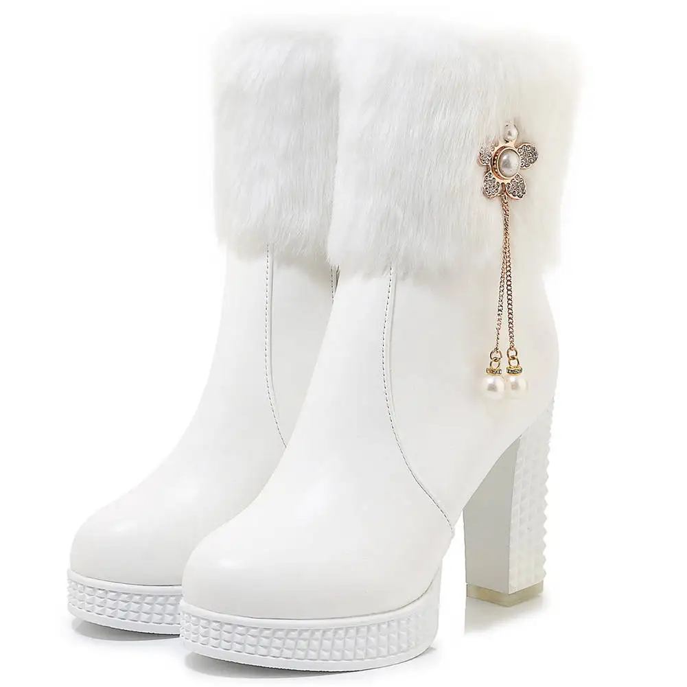 RIBETRINI Hot Women Mid Calf Boots Squar High Heels Metal Chains Pearls Winter Fur Shoes Woman Platform Boots Big Size