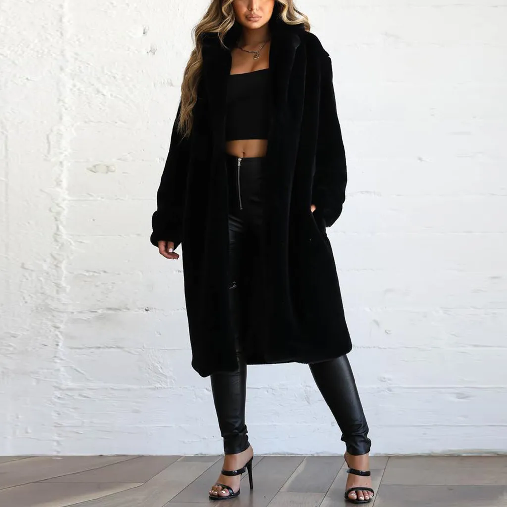 JAYCOSIN Women's Coat Fashion Womens Ladies Warm Long Furry Faux Fur Coat Sexy Jacket Solid Turn Down Collar Outerwear