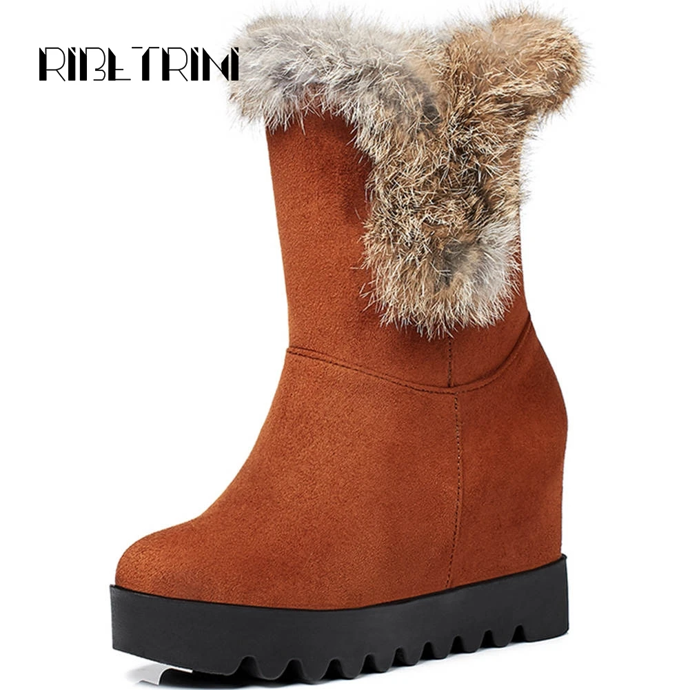 

RIBETRINI Faux Rabbit Hair Mid Calf Boots Women Hidden Wedge Heels Platform Shoes Woman Winter Fur Nubuck Snow Boots Big Size