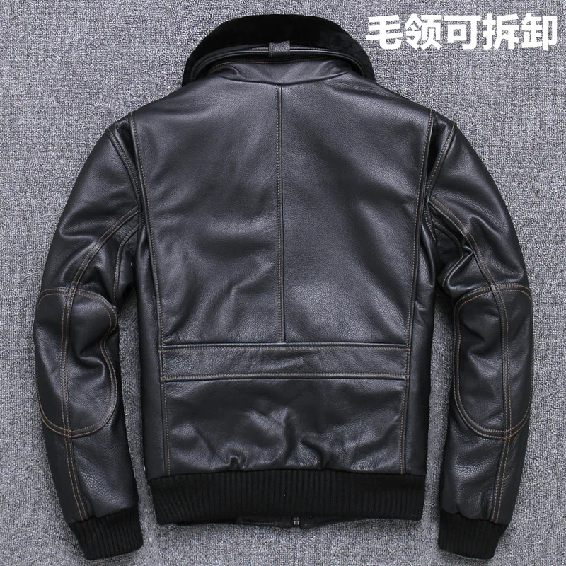 Seveyfan US G1 Flight Genuine Leather Jacket Men Black Fur Collar Real Cowhide Leather Jacket Motorcycle Biker R3260