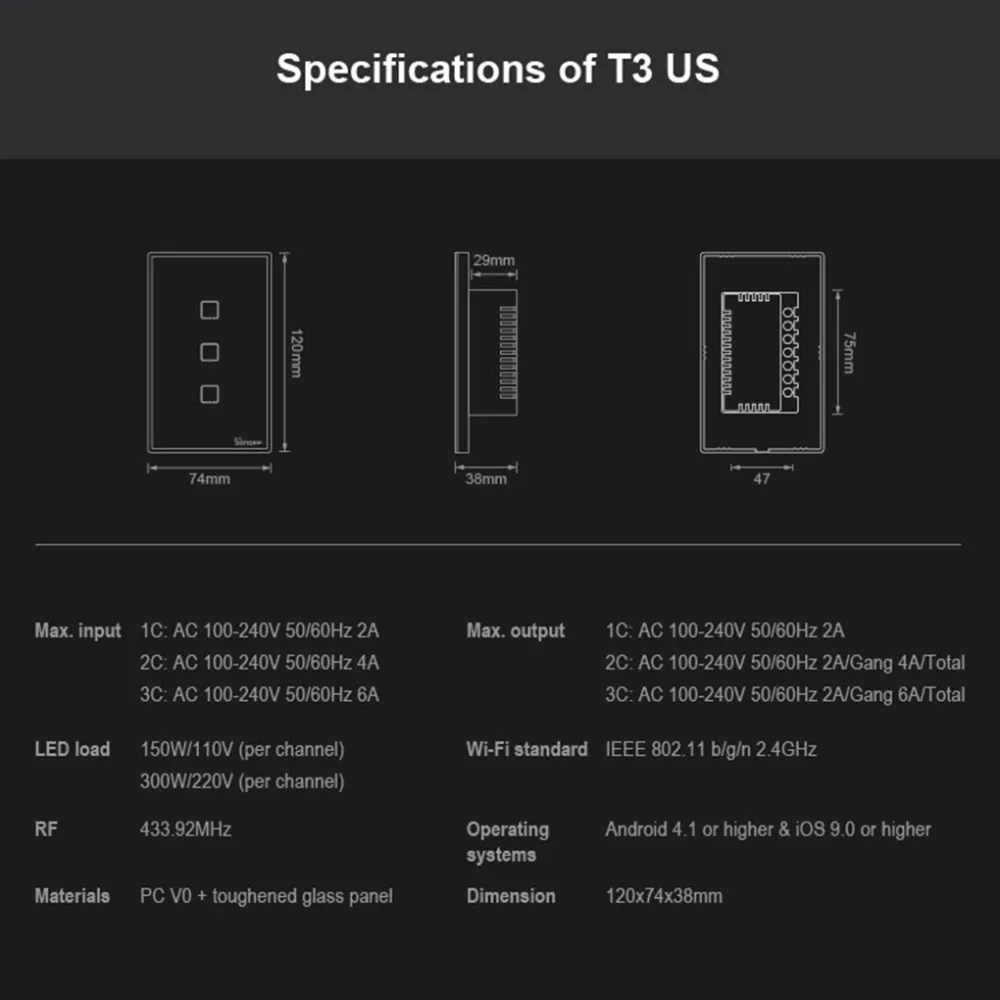 Интеллектуальный выключатель света SONOFF T3US 120 Размеры 1/2/3 TX 433 МГц RF удаленным управлением переключатель Wi-Fi с границы работает с Alexa Google Home
