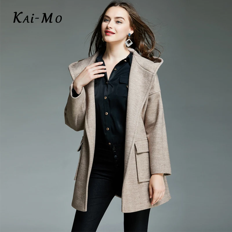 KAI-MO Женская с длинным рукавом размера плюс шерстяная клетчатая с капюшоном куртка и пальто