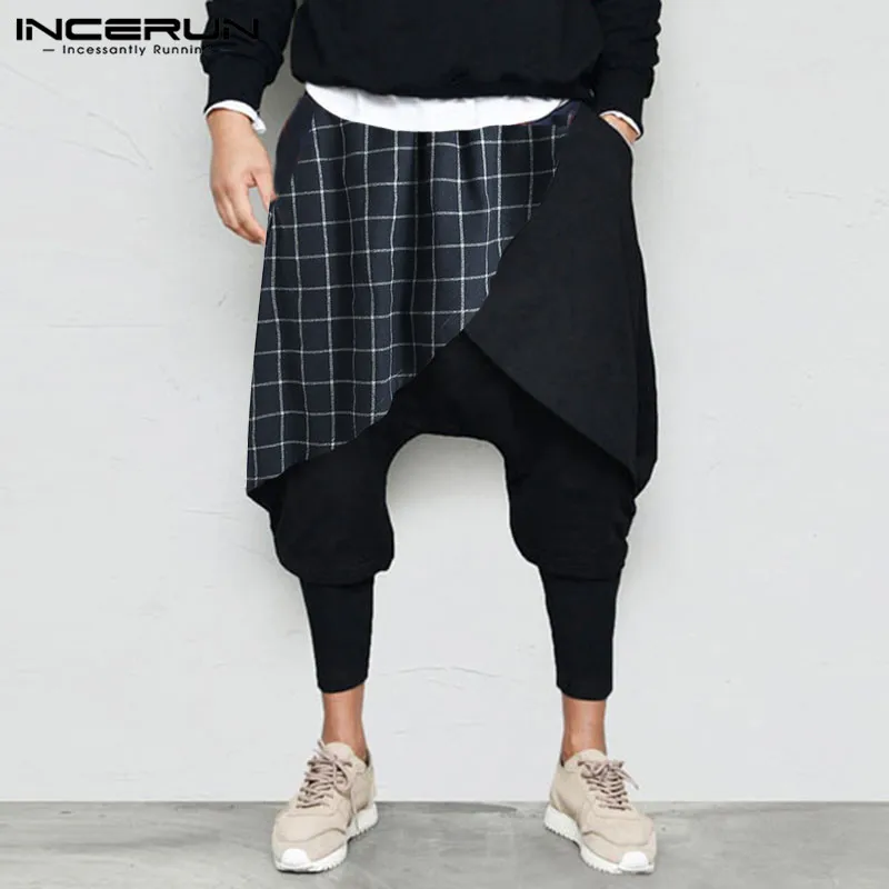 

INCERUN Fashion Patchwork Pants Men Elastic Waist Harem Trousers Leisure Plaid Baggy Trousers Retro Loose Drop Crotch Pantalones