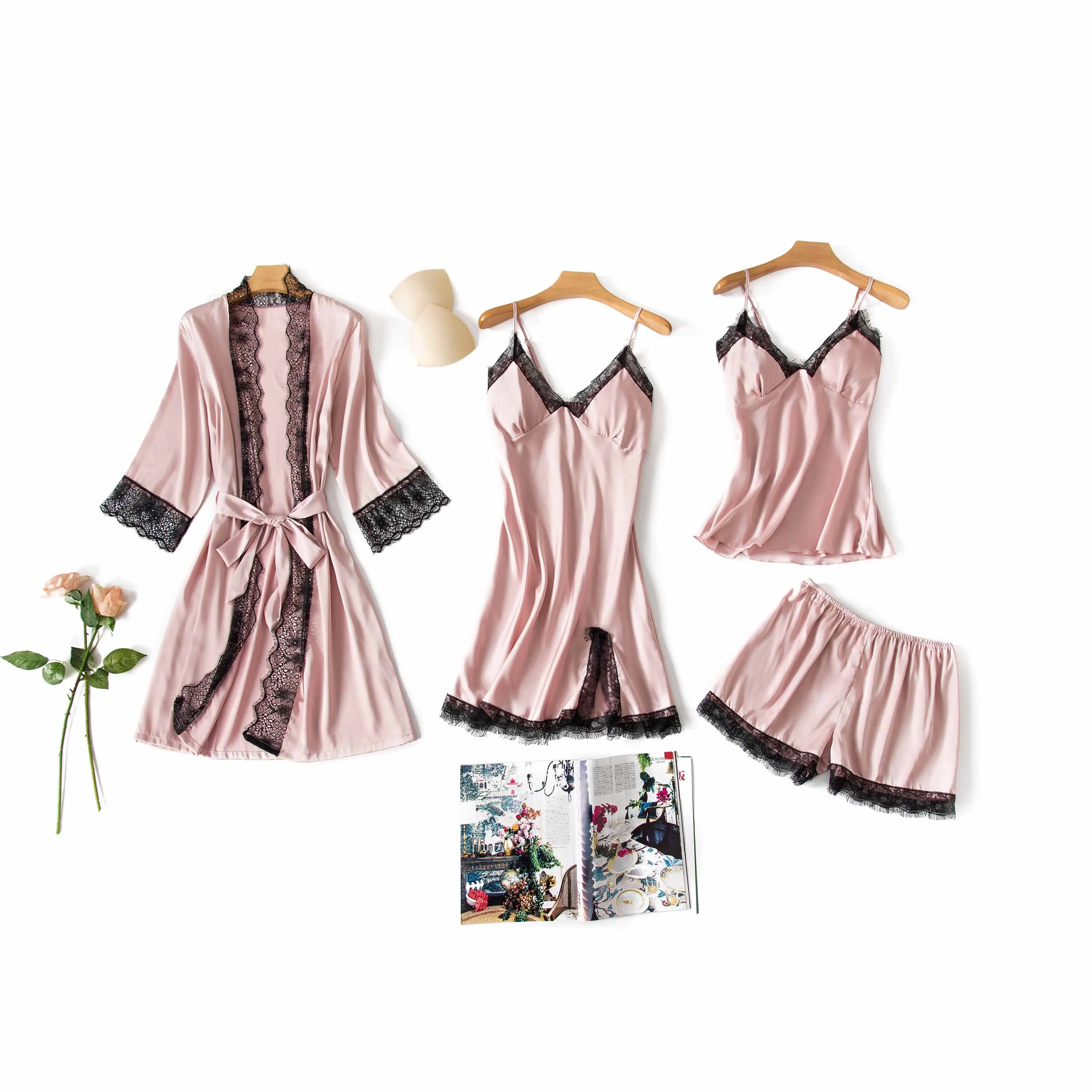 

4 Pieces Nightwear Set Female Solid Long Sleeve Night-Robe+V-Neck Sleeveless Dress+Top+Pants Home Wear Nightwear Bath Gown
