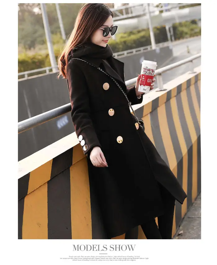 Высококачественная женская одежда осеннее шерстяное пальто корейский нагрудный двубортный Тонкий Черный Длинный блейзер femme casaco f1472
