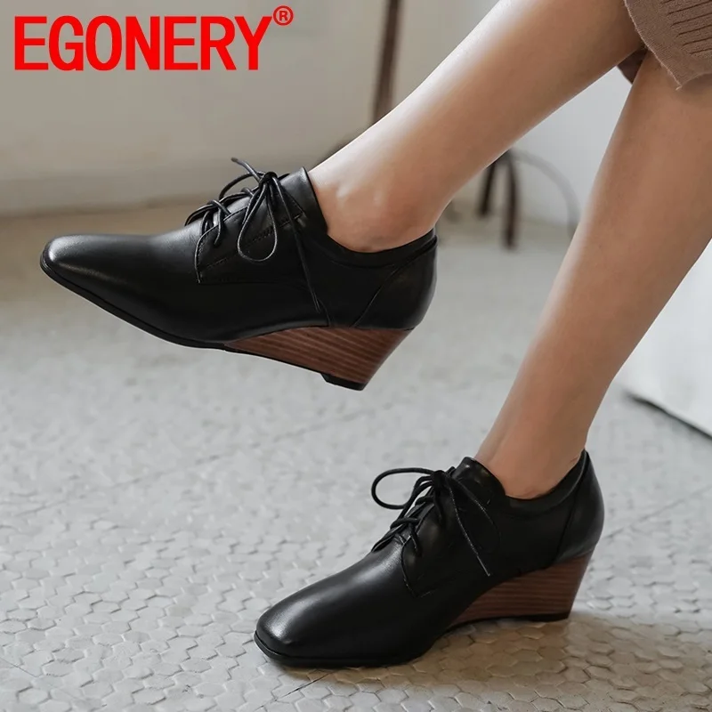 

EGONERY spring newest fashion women pumps outside high heels cross-tied square toe genuine leather women shoes drop shipping