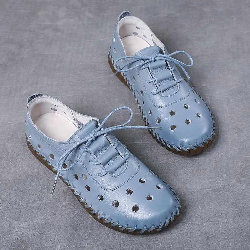 

Blue Flat Loafers Women's Runway Shoes Laced Up Ballet Flats Woman Faux Leather Shoes Lady Soft Moccasin Mother Mom Hollow Shoe