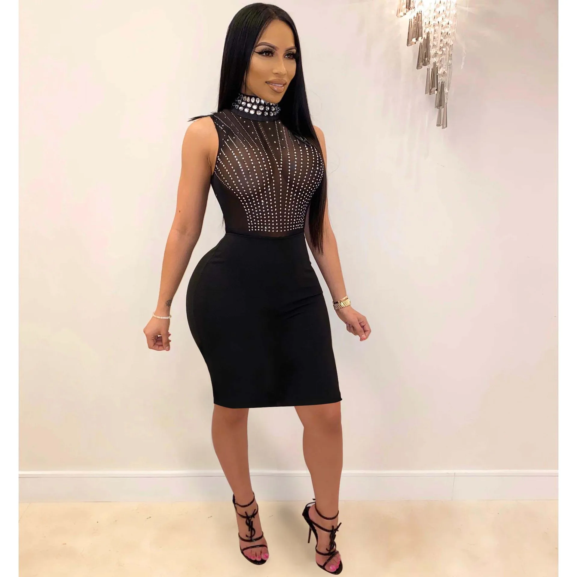 

Echoine Diamond Sheer Mesh turtleneck BlackMini Dress Bodycon Transparent Sleeveless Sexy Evening Paarty Club Dresses Vestidos